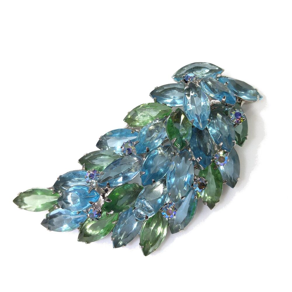 Vintage Juliana Style Blue Green Rhinestone Spray Brooch AB Open Back